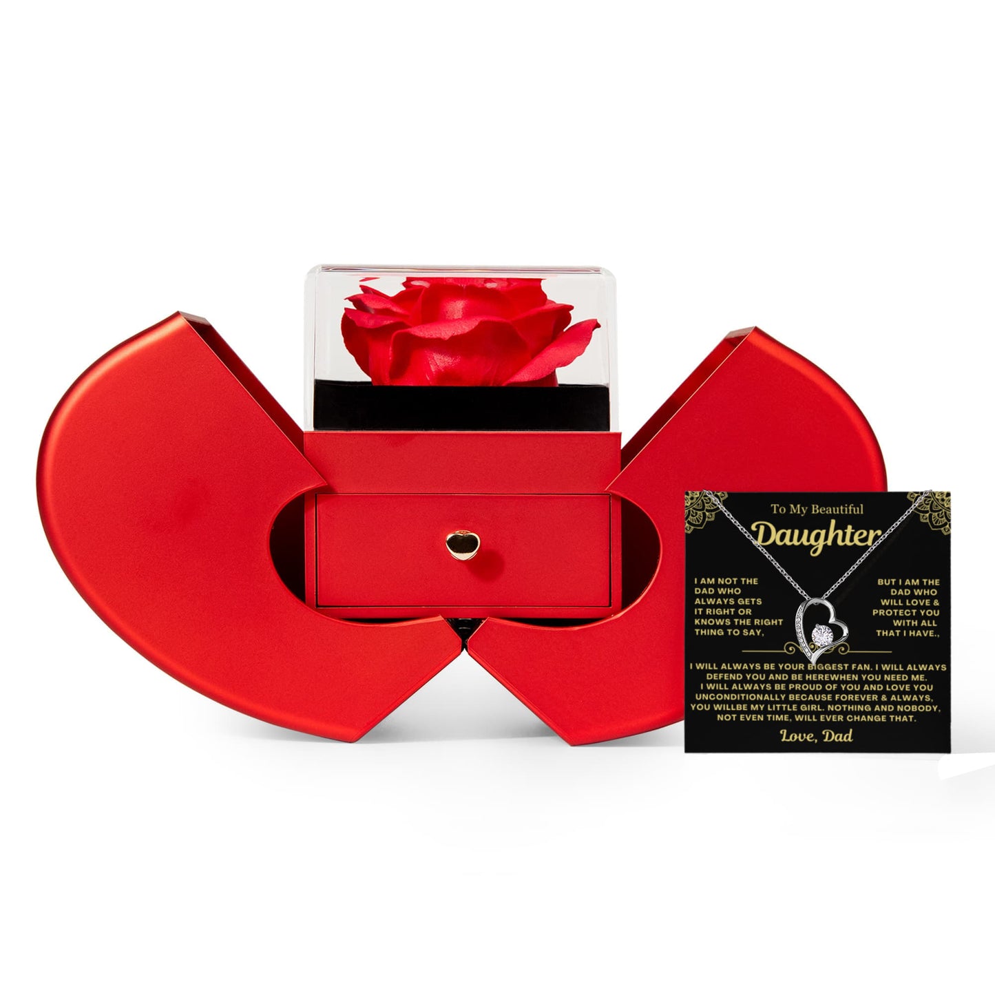 To My Daughter Necklace from Dad - Love Heart Necklace - Eternal Rose Gift Box