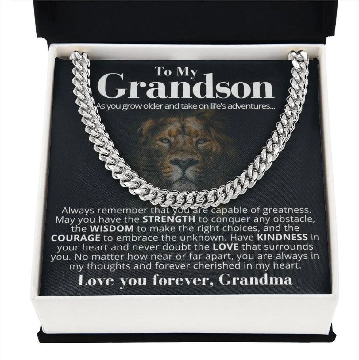 To My Grandson - Cuban Link Necklace From Grandma - You Are Always Cherished Message Card Gift