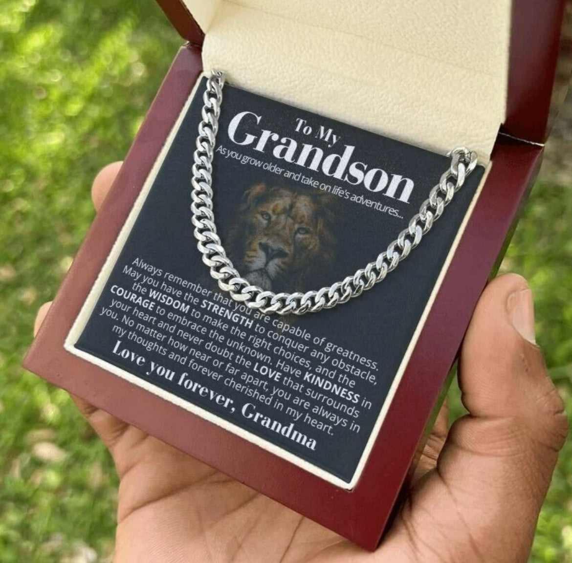 To My Grandson - Cuban Link Necklace From Grandma - You Are Always Cherished Message Card Gift
