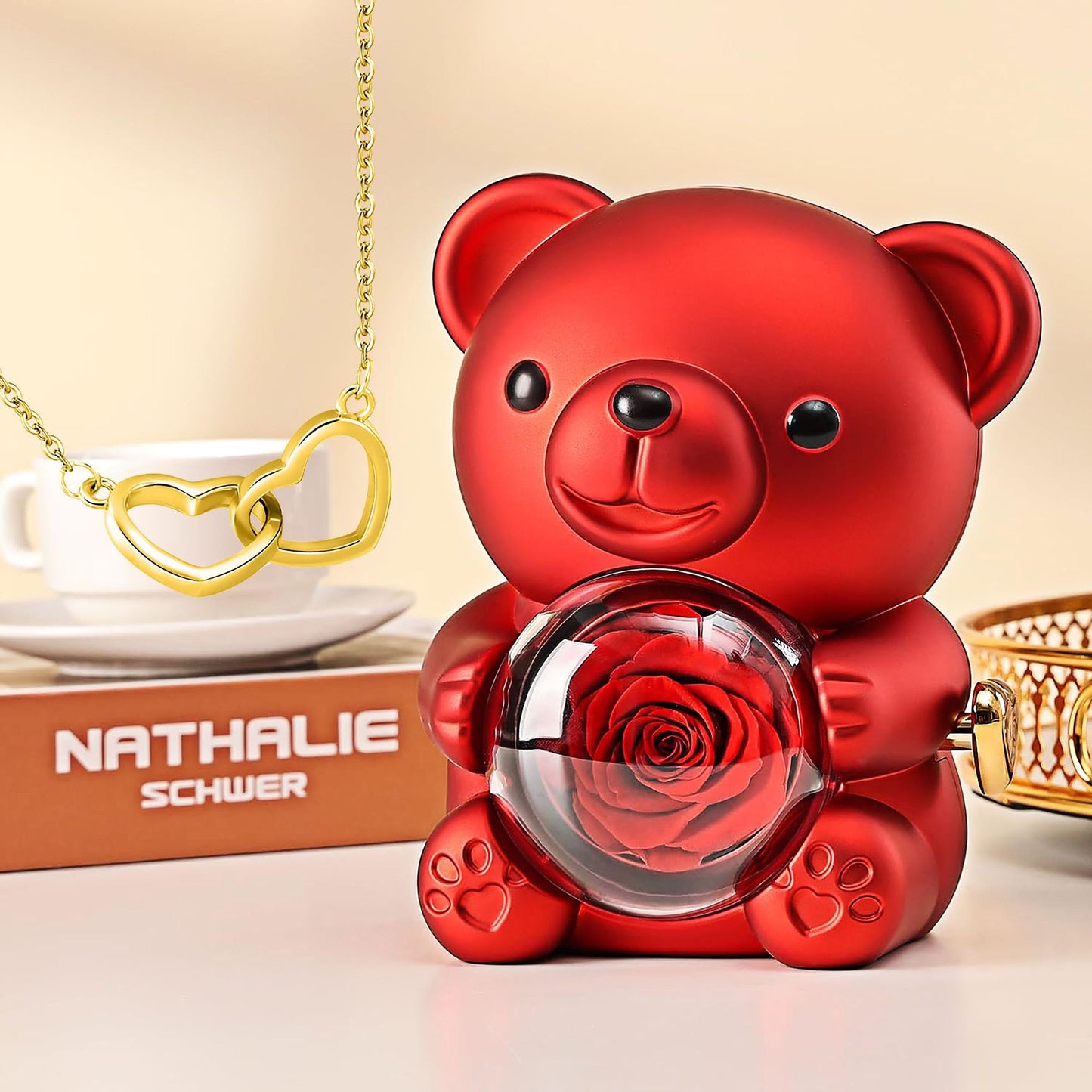 To My Soulmate - Custom Interlinked Hearts Necklace - Eternal Rose Bear Box