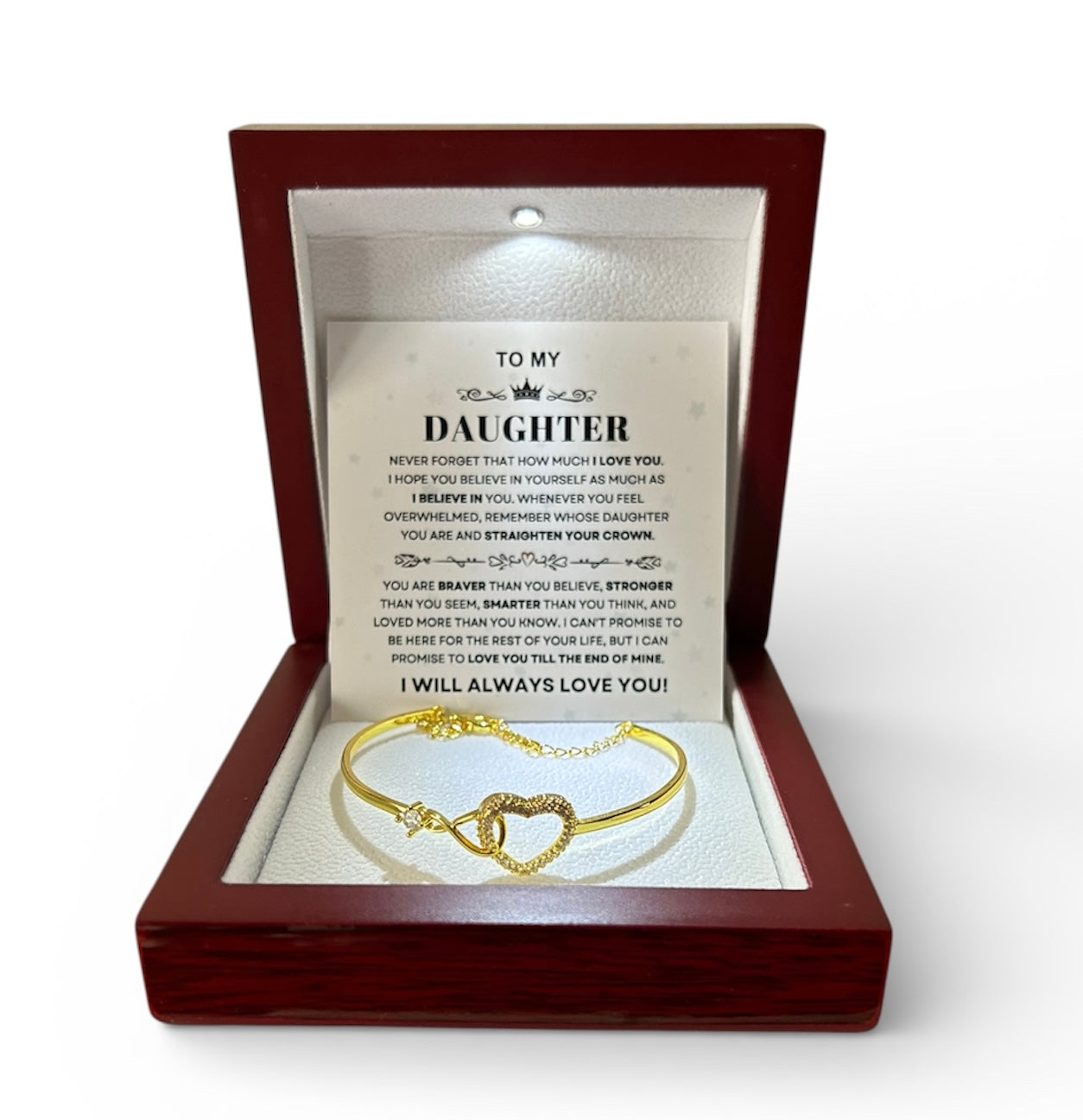 To My Daughter - Infinity Heart Bracelet - I Will Always Love You Message Card Gift
