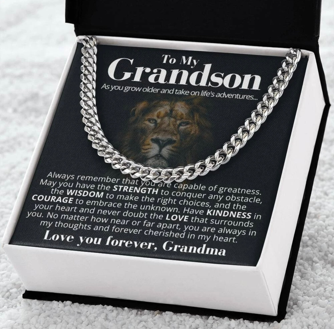 To My Grandson - Cuban Link Necklace From Grandma - You Are Always Cherished Message Card Gift