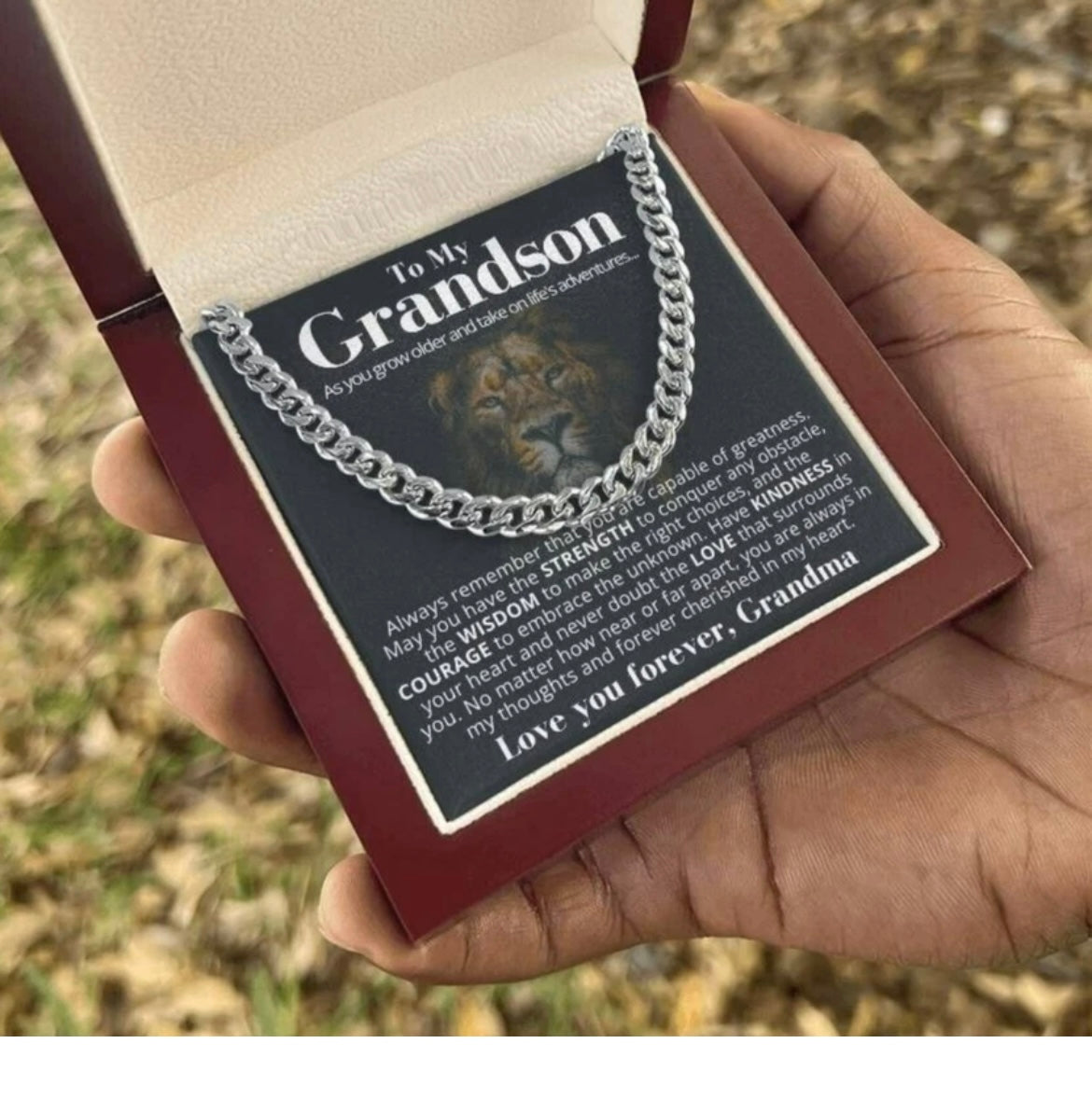 To My Grandson - Cuban Link Necklace From Grandma - You Are Always Cherished Message Card Gift