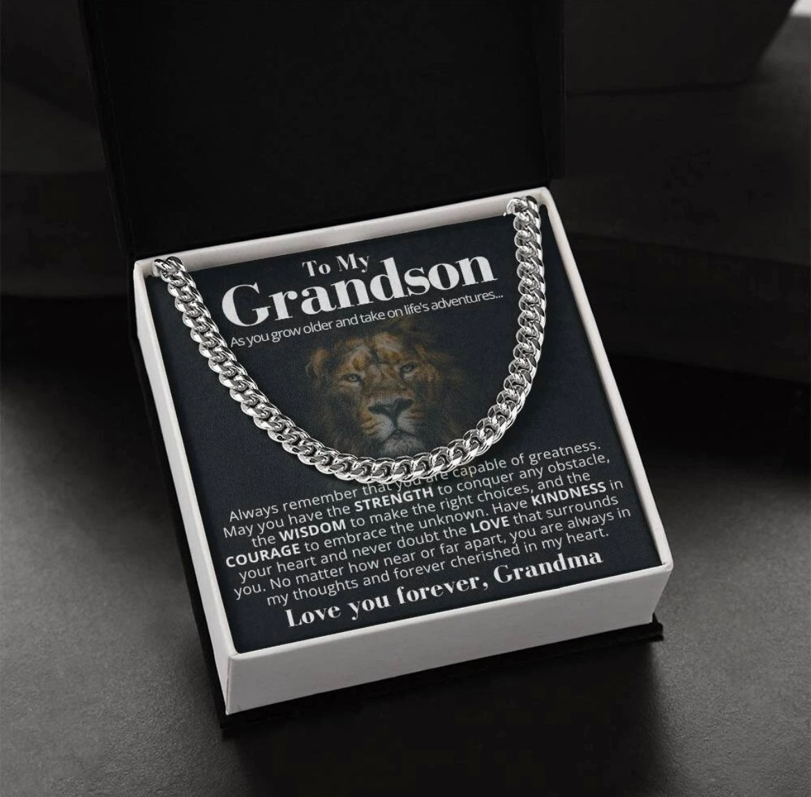 To My Grandson - Cuban Link Necklace From Grandma - You Are Always Cherished Message Card Gift