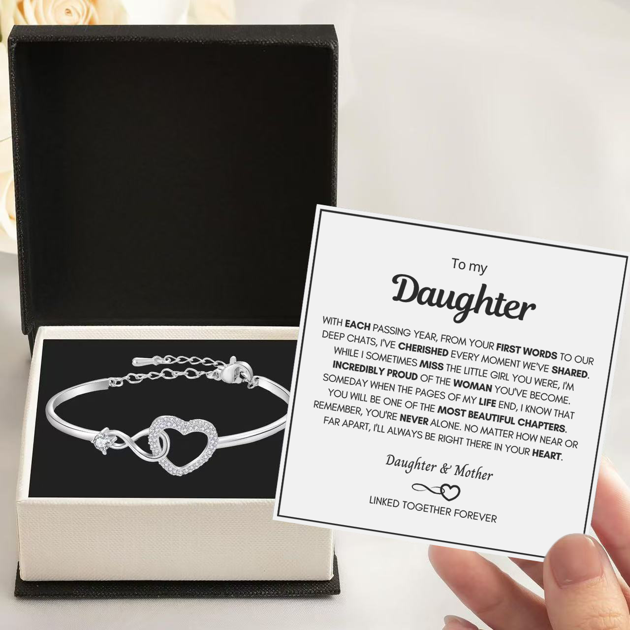 To My Daughter - Infinity Heart Bracelet - Forever Linked Together Message Card Gift