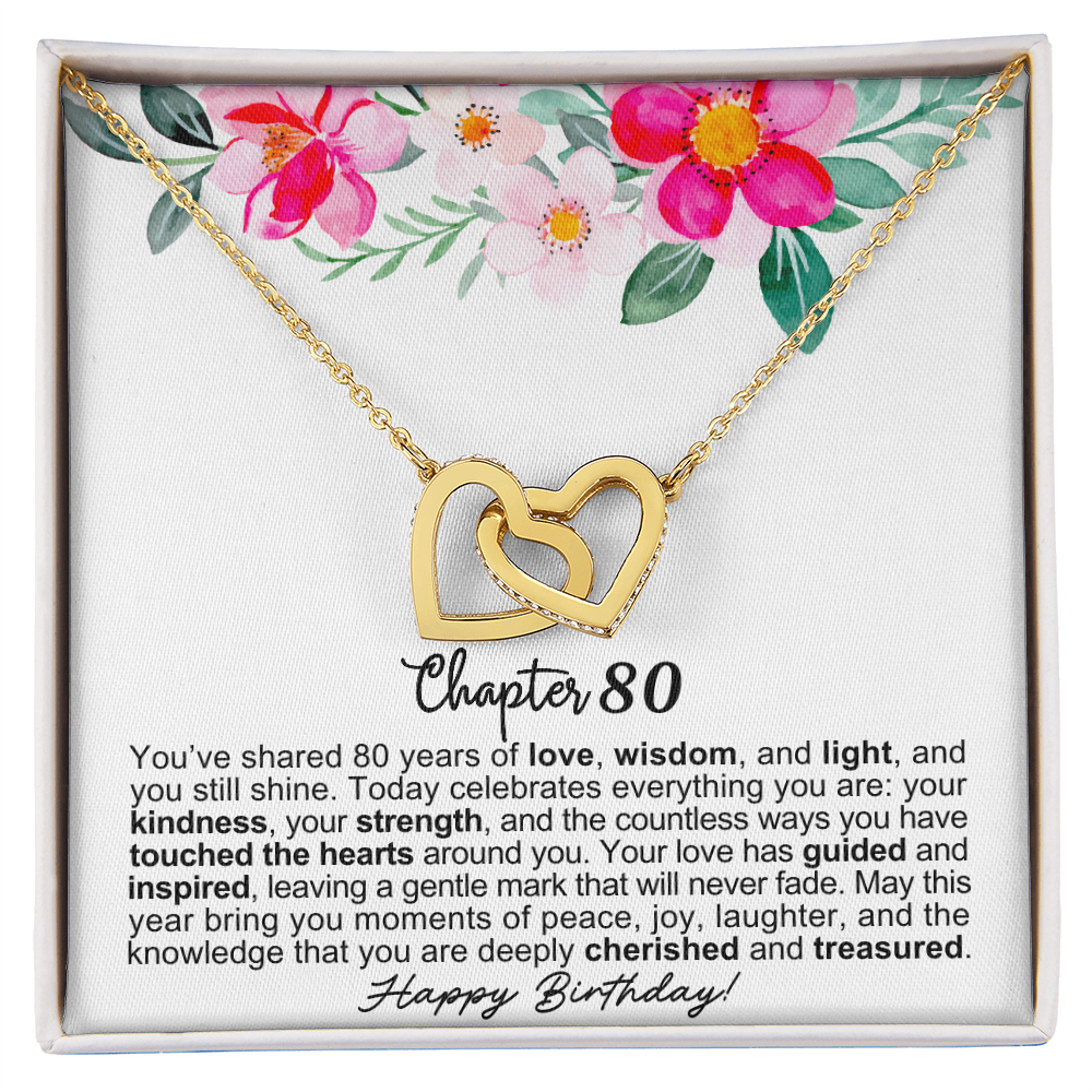 Happy 80th Birthday - Linked Hearts Necklace - You Are Cherished Message Card Gift