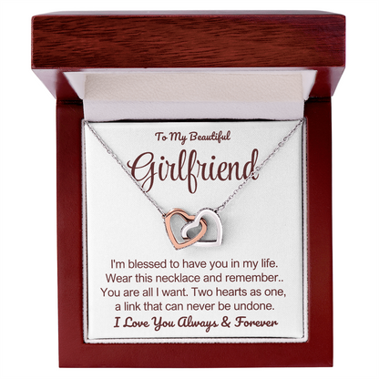 To My Girlfriend - Linked Hearts Necklace - You Are All I Want Message Card Gift