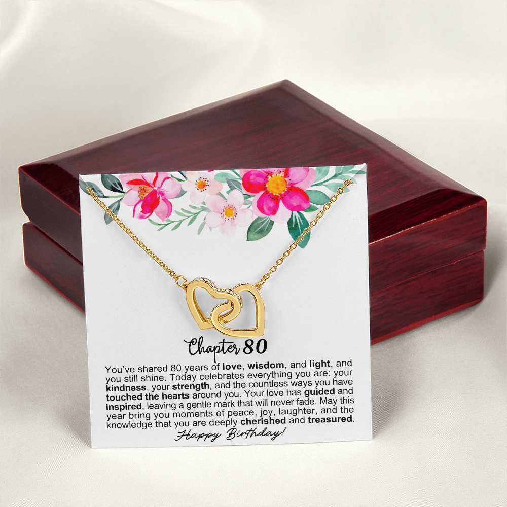 Happy 80th Birthday - Linked Hearts Necklace - You Are Cherished Message Card Gift