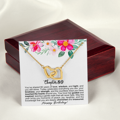 Happy 80th Birthday - Linked Hearts Necklace - You Are Cherished Message Card Gift