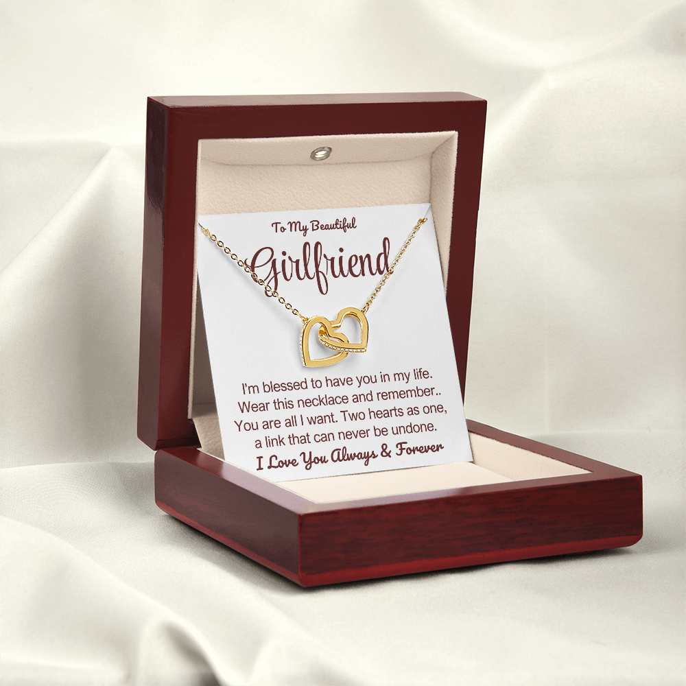 To My Girlfriend - Linked Hearts Necklace - You Are All I Want Message Card Gift