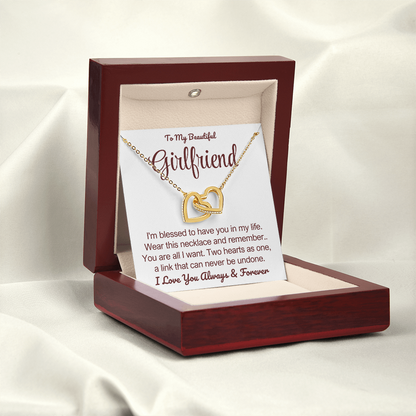 To My Girlfriend - Linked Hearts Necklace - You Are All I Want Message Card Gift