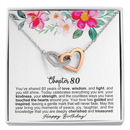 Happy 80th Birthday - Linked Hearts Necklace - You Are Cherished Message Card Gift