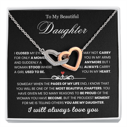 To My Daughter - Linked Hearts Necklace - You Are Never Alone Message Card Gift