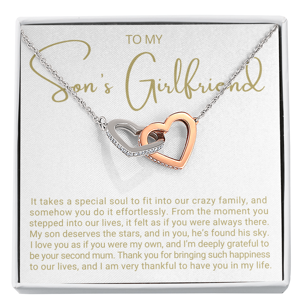 To My Son's Girlfriend - Linked Hearts Necklace - Grateful to Have You Message Card Gift