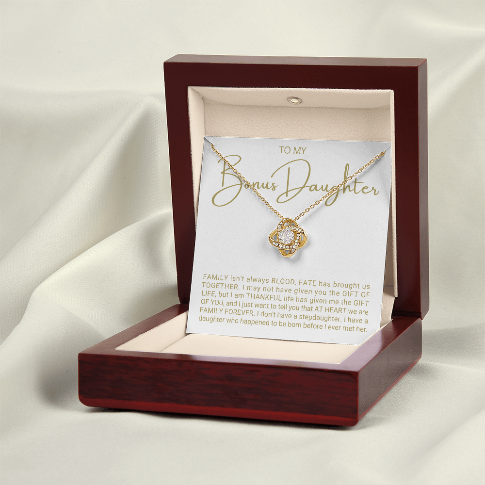 To My Bonus Daughter - Love Knot Necklace - Family At Heart Message Card Gift