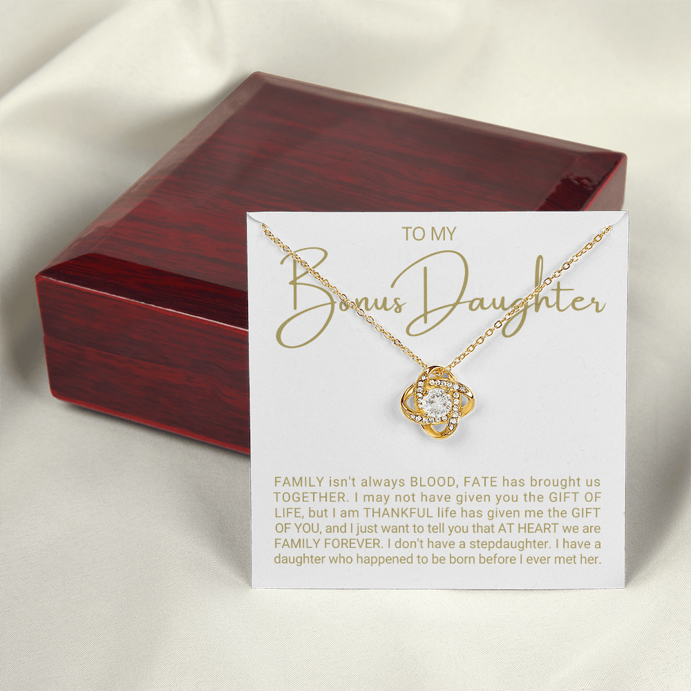 To My Bonus Daughter - Love Knot Necklace - Family At Heart Message Card Gift