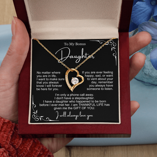 To My Bonus Daughter - Love Heart Necklace - You Are My Gift Message Card Gift