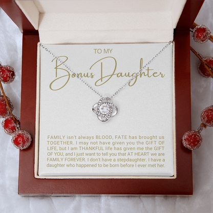 To My Bonus Daughter - Love Knot Necklace - Family At Heart Message Card Gift