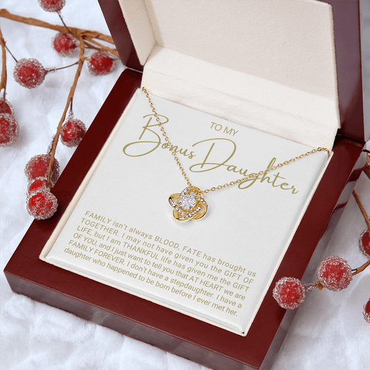 To My Bonus Daughter - Love Knot Necklace - Family At Heart Message Card Gift