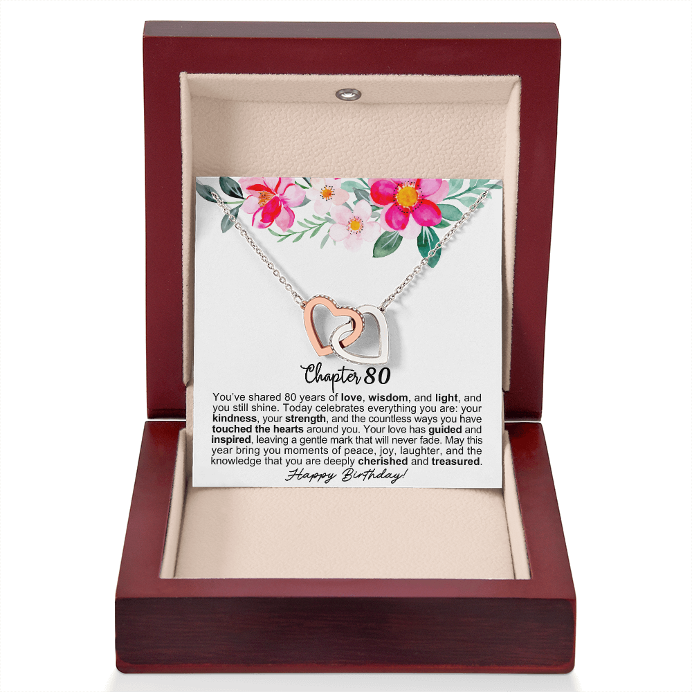 Happy 80th Birthday - Linked Hearts Necklace - You Are Cherished Message Card Gift