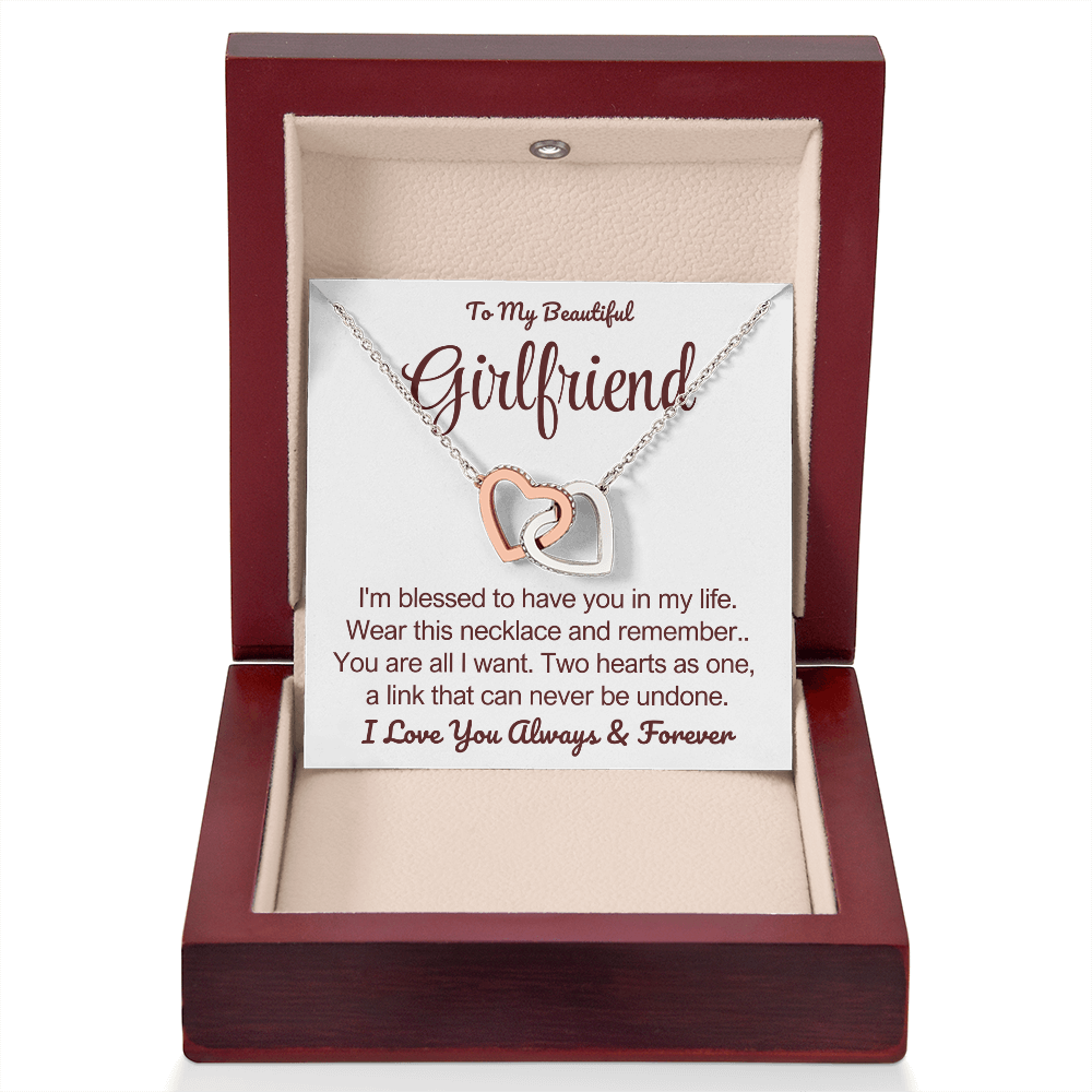 To My Girlfriend - Linked Hearts Necklace - You Are All I Want Message Card Gift