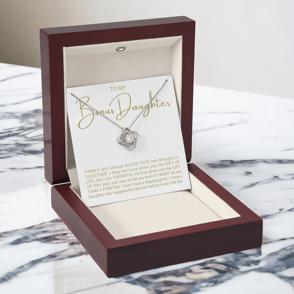 To My Bonus Daughter - Love Knot Necklace - Family At Heart Message Card Gift