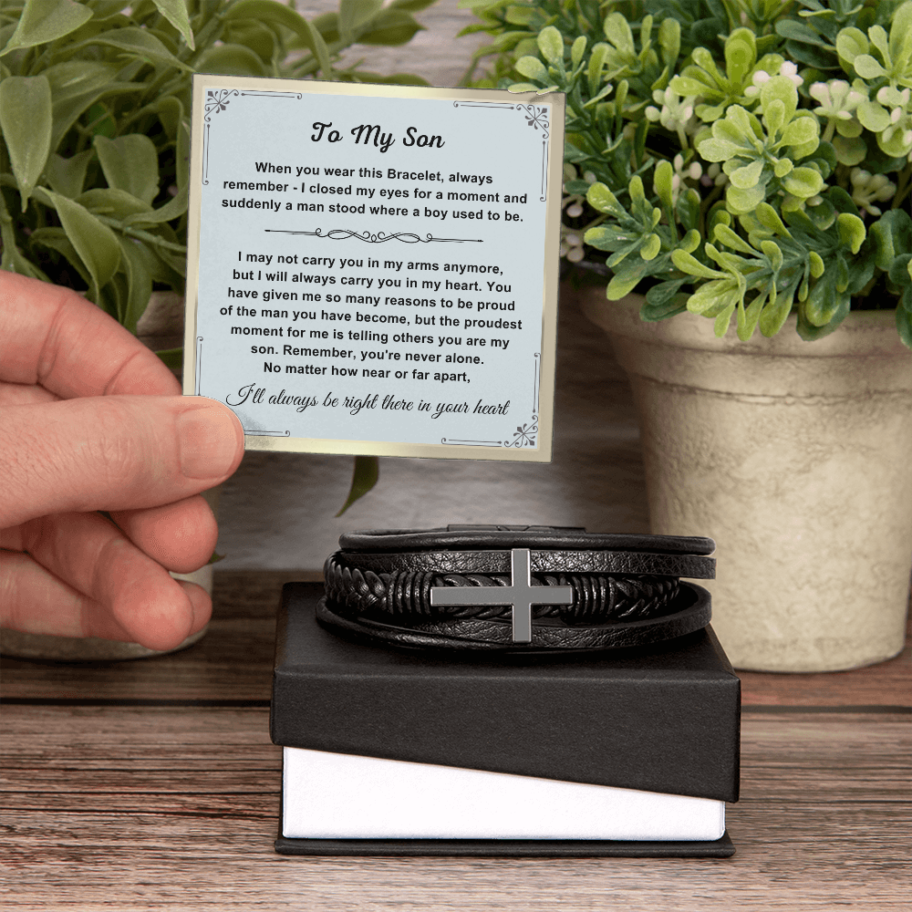 To My Son - Cross Bracelet - You Are Never Alone Message Card Gift