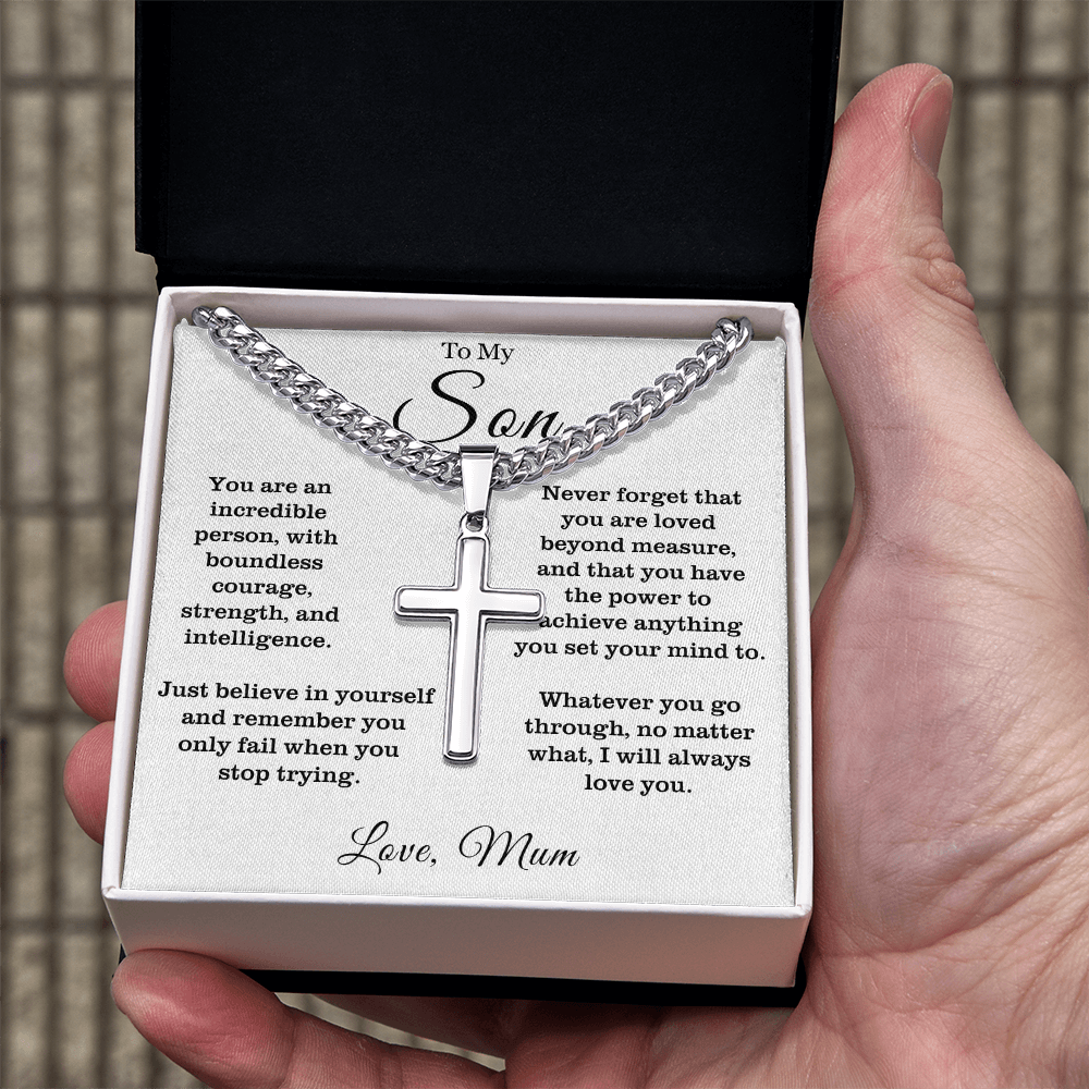 To My Son - Cuban Link Cross Necklace - Always Love You Message Card Gift