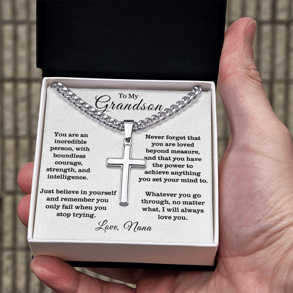 To My Grandson - Cuban Link Cross Necklace - Always Love You Message Card Gift