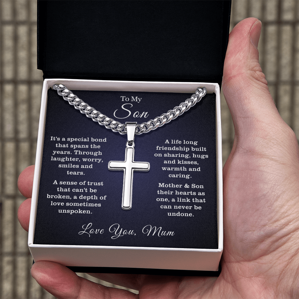 To My Son - Cuban Link Cross Necklace - Hearts As One Message Card Gift