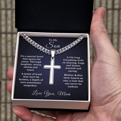To My Son - Cuban Link Cross Necklace - Hearts As One Message Card Gift