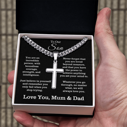 To Our Son - Cuban Link Cross Necklace - Always Love You Message Card Gift