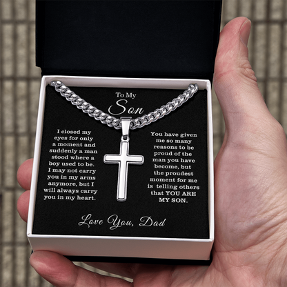 To My Son - Cuban Link Cross Necklace - Proud You Are My Son Message Card Gift