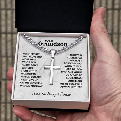 To My Grandson - Cuban Link Cross Necklace - I Love You Always & Forever
