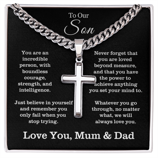 To Our Son - Cuban Link Cross Necklace - Always Love You Message Card Gift