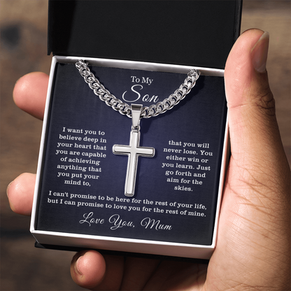 To My Son - Cuban Link Cross Necklace -Aim for the Skies Message Card Gift