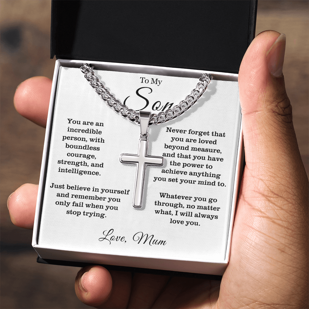 To My Son - Cuban Link Cross Necklace - Always Love You Message Card Gift