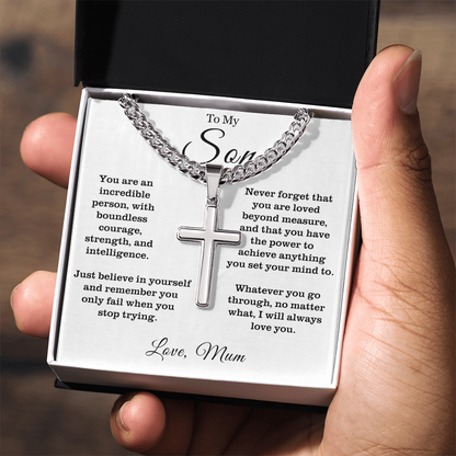 To My Son - Cuban Link Cross Necklace - Always Love You Message Card Gift