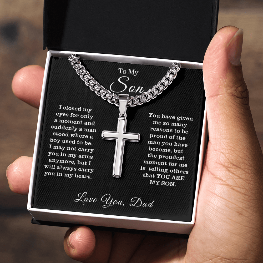 To My Son - Cuban Link Cross Necklace - Proud You Are My Son Message Card Gift