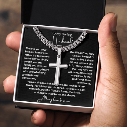 To My Husband - Cuban Link Cross Necklace - Love You More Message Card Gift