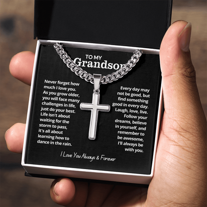 To My Grandson - Cuban Link Cross Necklace - I Love You Always & Forever