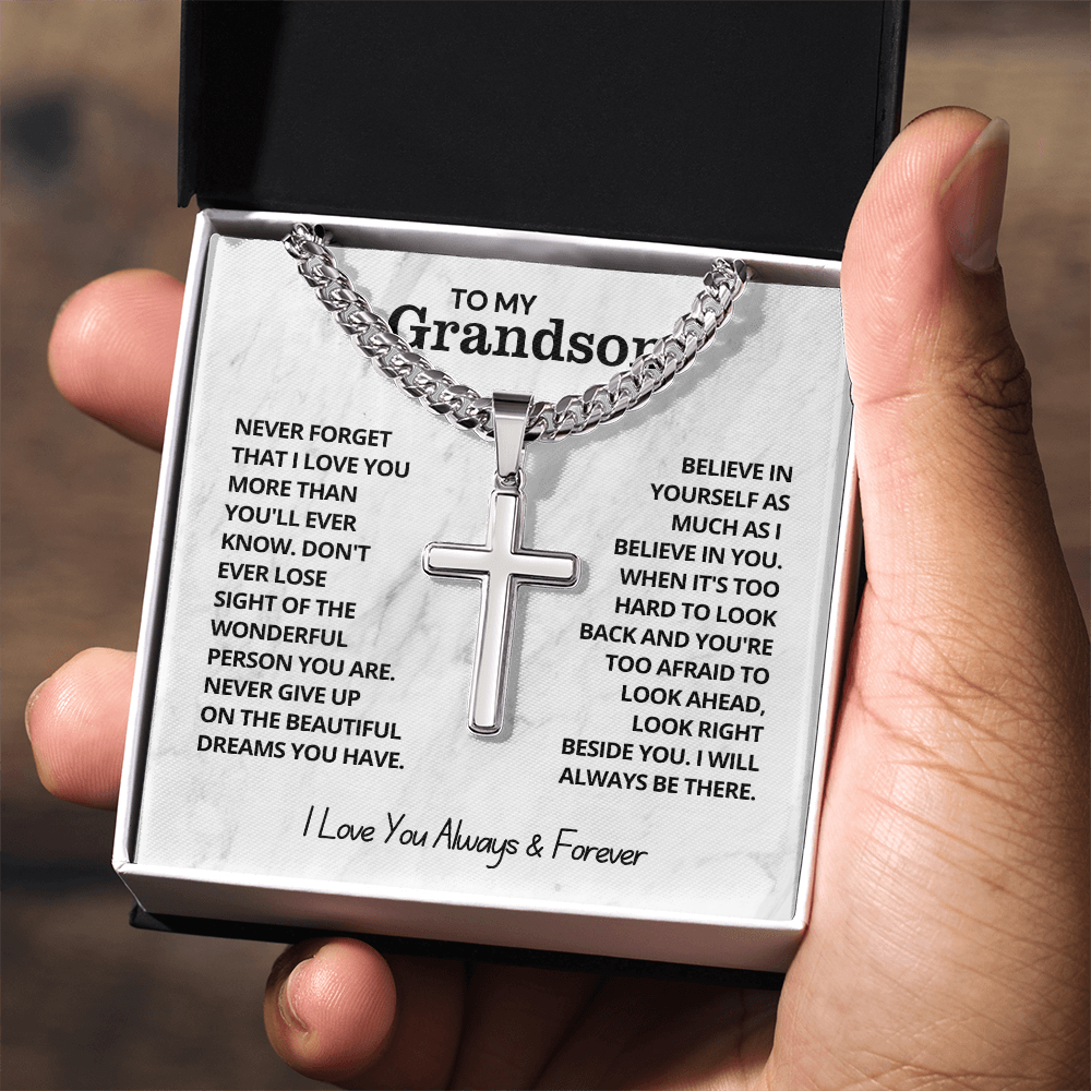 To My Grandson - Cuban Link Cross Necklace - I Love You Always & Forever