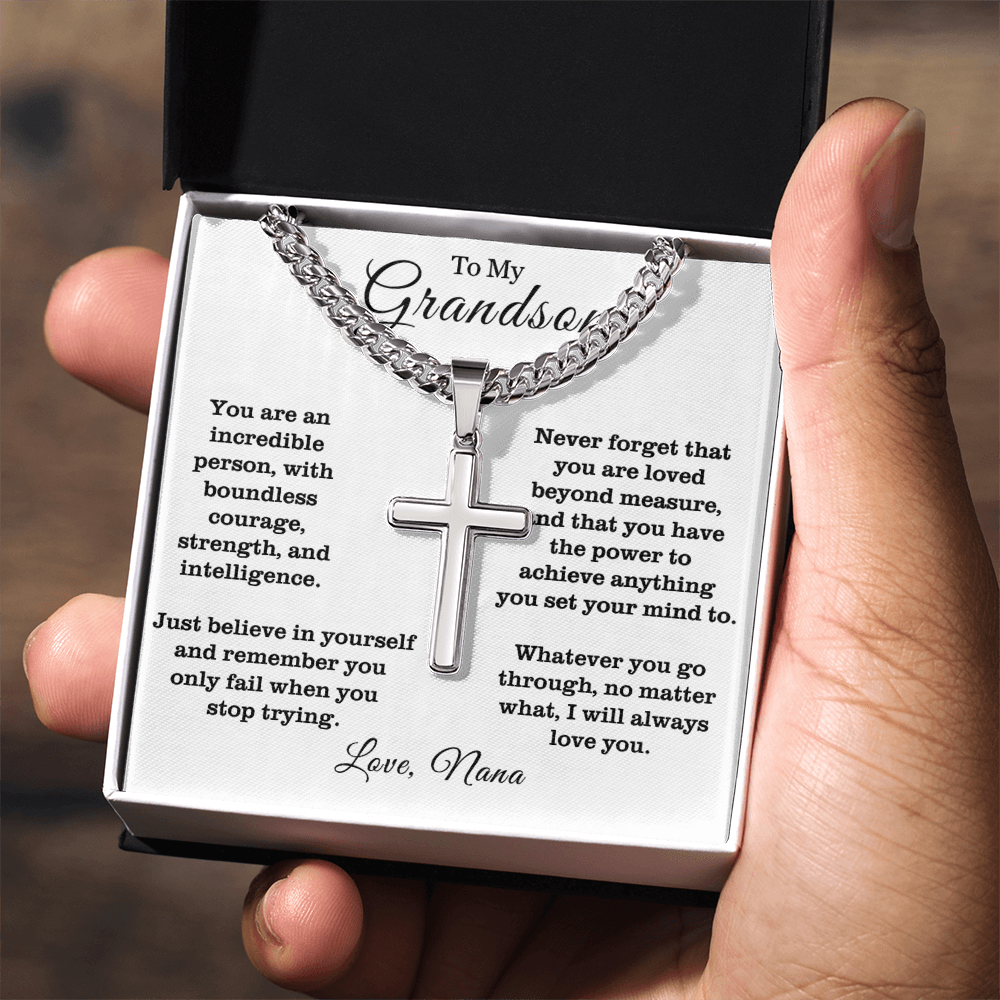 To My Grandson - Cuban Link Cross Necklace - Always Love You Message Card Gift