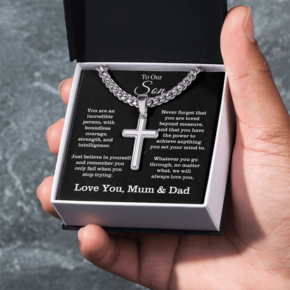 To Our Son - Cuban Link Cross Necklace - Always Love You Message Card Gift