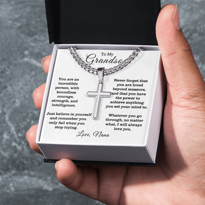 To My Grandson - Cuban Link Cross Necklace - Always Love You Message Card Gift