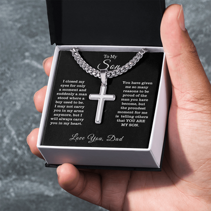 To My Son - Cuban Link Cross Necklace - Proud You Are My Son Message Card Gift