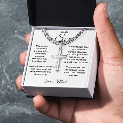 To My Son - Cuban Link Cross Necklace - Always Love You Message Card Gift