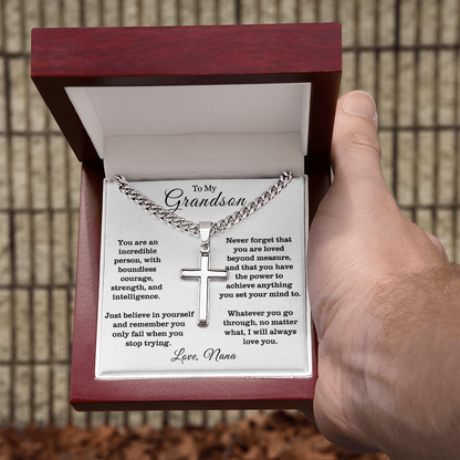 To My Grandson - Cuban Link Cross Necklace - Always Love You Message Card Gift
