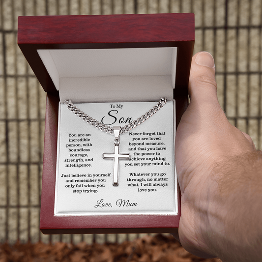 To My Son - Cuban Link Cross Necklace - Always Love You Message Card Gift