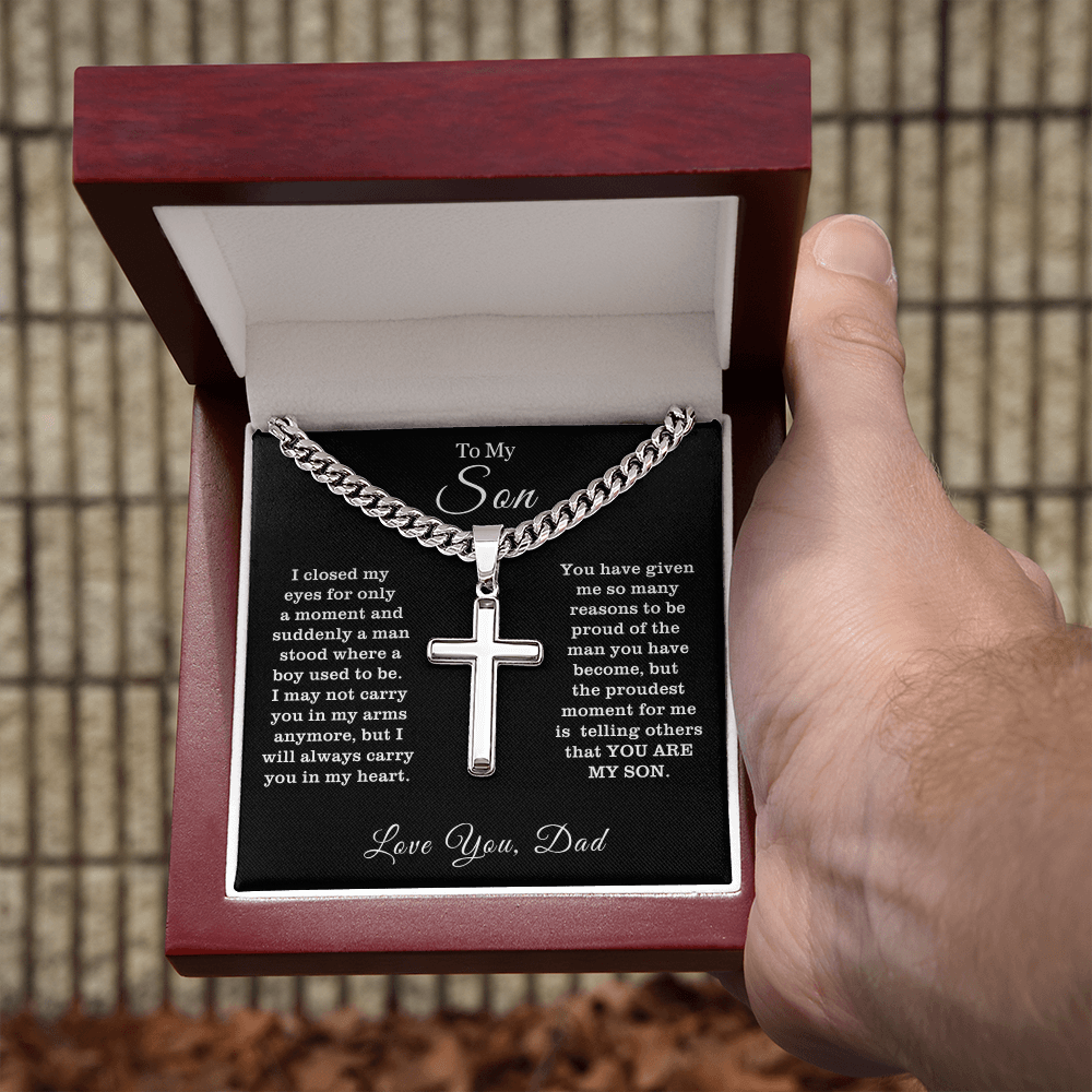 To My Son - Cuban Link Cross Necklace - Proud You Are My Son Message Card Gift